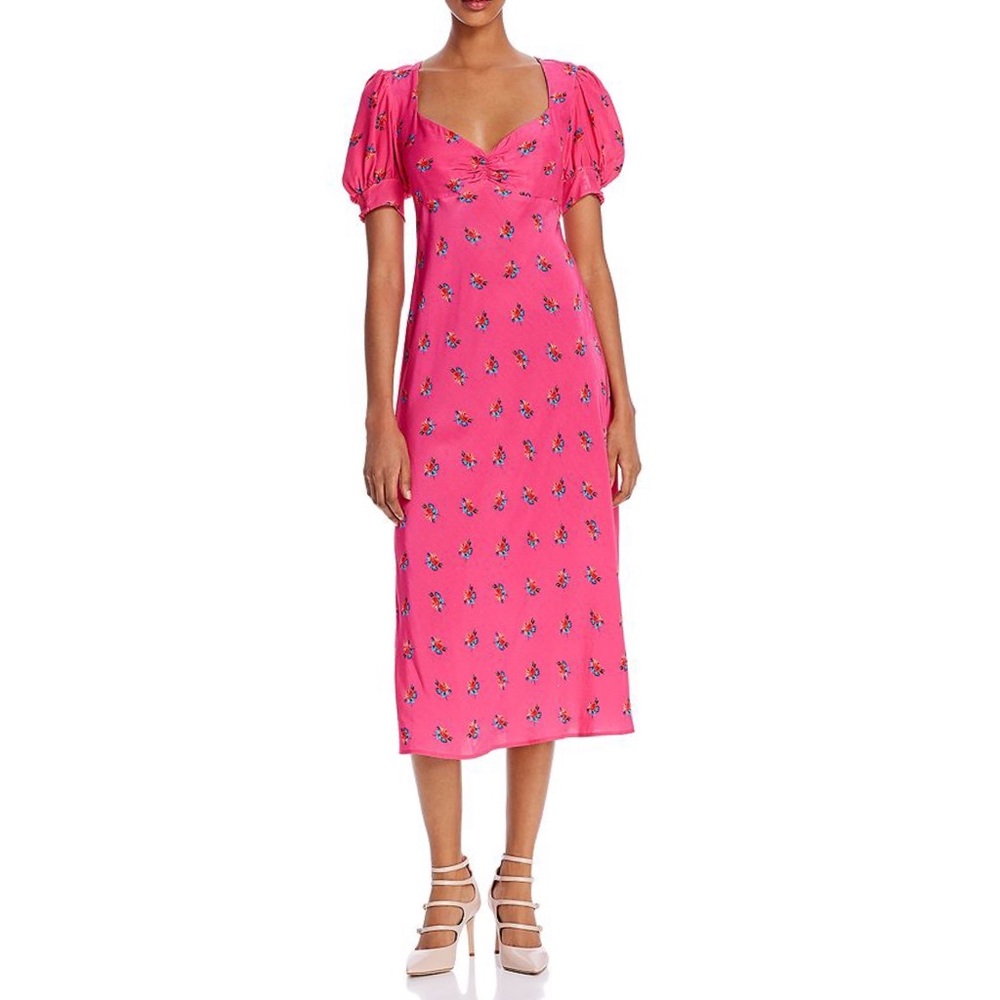 Ghost London NWT Laure Floral Print Midi Dress Pink Sweetheart Neck XSmall New
